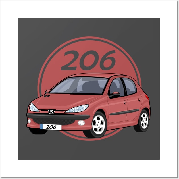 car peugeot 206 sporty cartoon vector red maroon Wall Art by creative.z